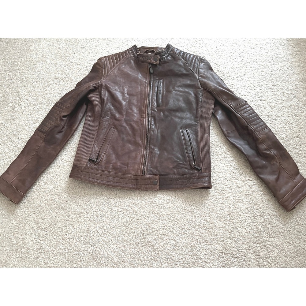 Top Gun Womens Brown Leather Cafe Racer Moto Jacket Quilted Distressed L